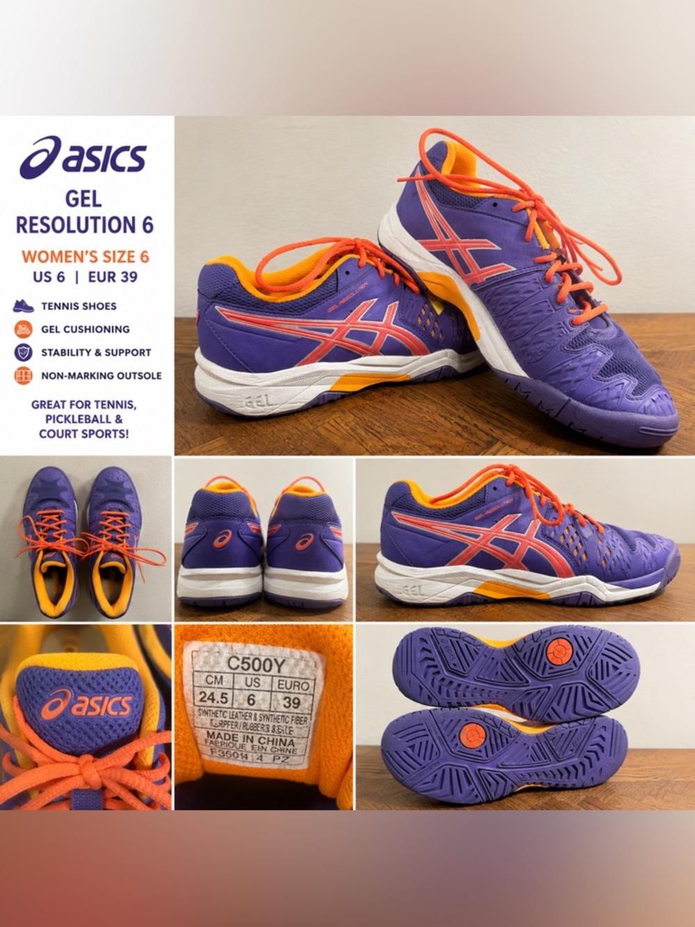 ASICS Gel Resolution 6 Tennis Shoes Women’s 6 Purple Orange Athletic Sneakers